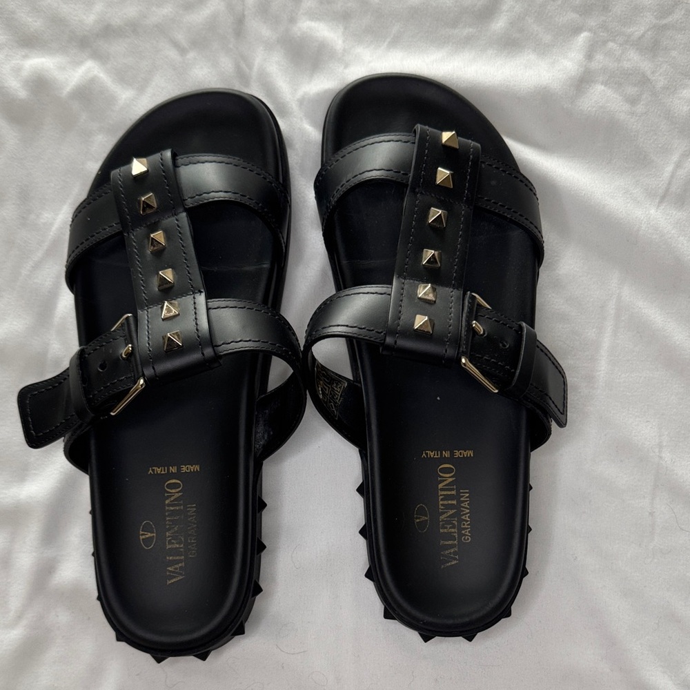 Valentino Black Rockstud Slides with Gold Studs